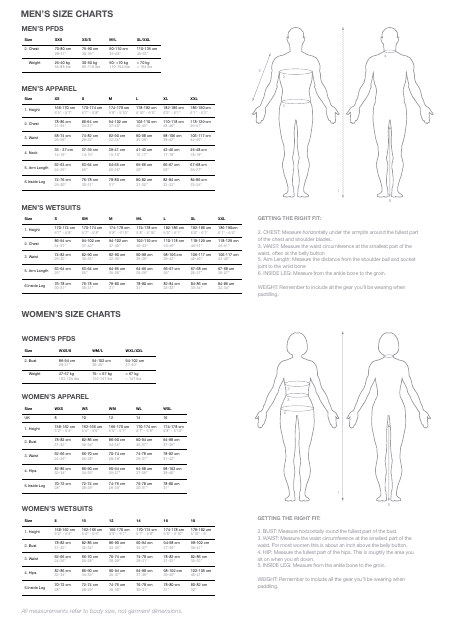 Wetsuit and Pfd Size Charts