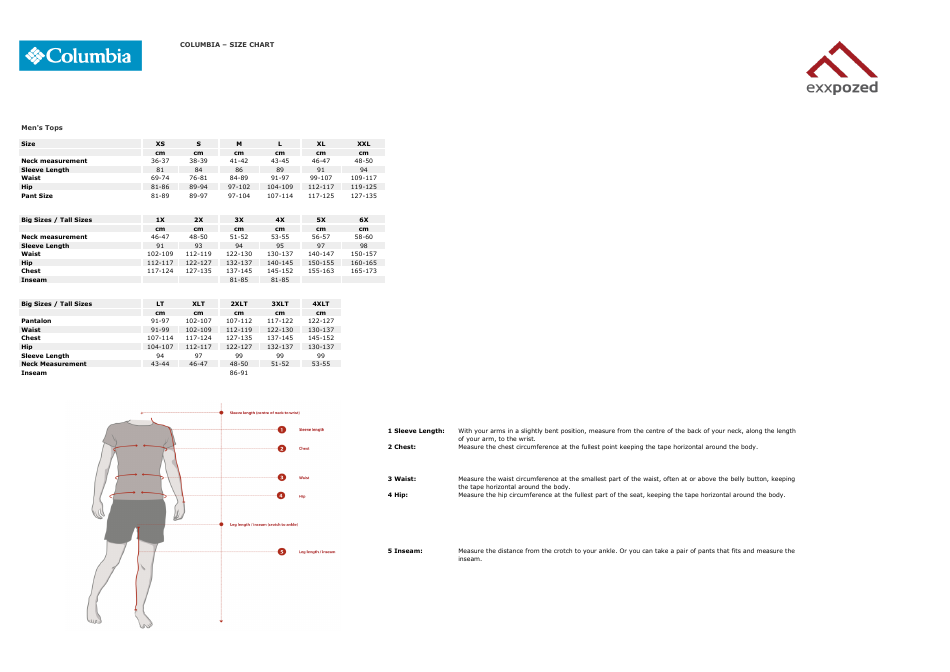 Sportswear Size Chart - Columbia, Page 1