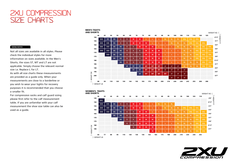 Compression Tights and Shorts Size Charts - 2xu Compression