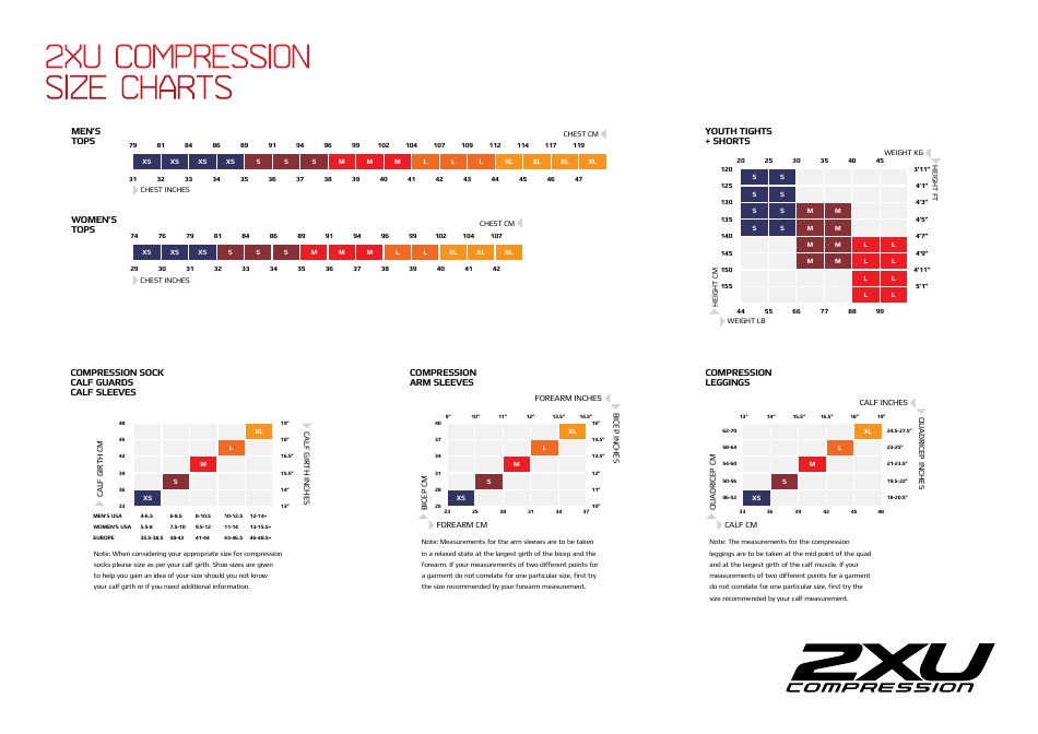 Compression Tights and Shorts Size Charts - 2xu Compression Download