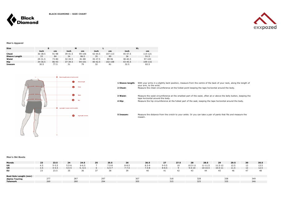 Climbing & Skiing Apparel Size Chart - Black Diamond Download Printable