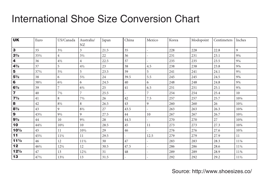 International Shoe Size Conversion Chart - Black and White Download Pdf