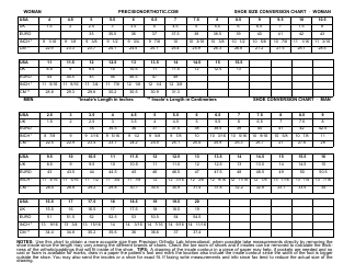 Document preview: Shoe Size Conversion Chart - Precision Orthotic