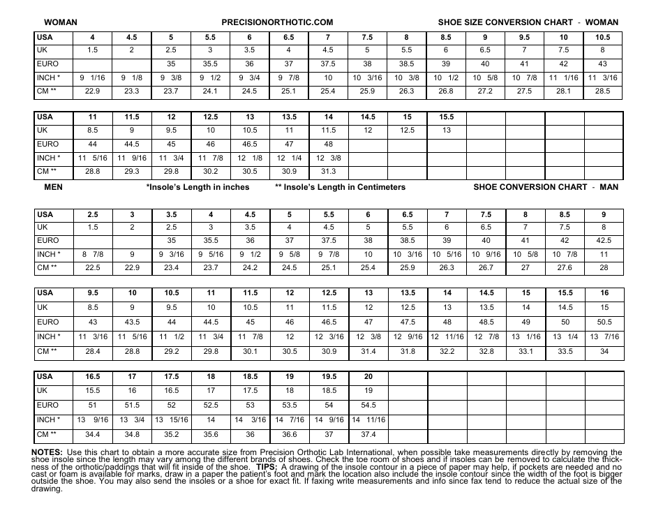 Shoe Size Conversion Chart - Precision Orthotic Download Printable PDF ...