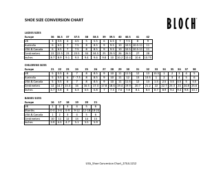 Document preview: Shoe Size Conversion Chart - Bloch