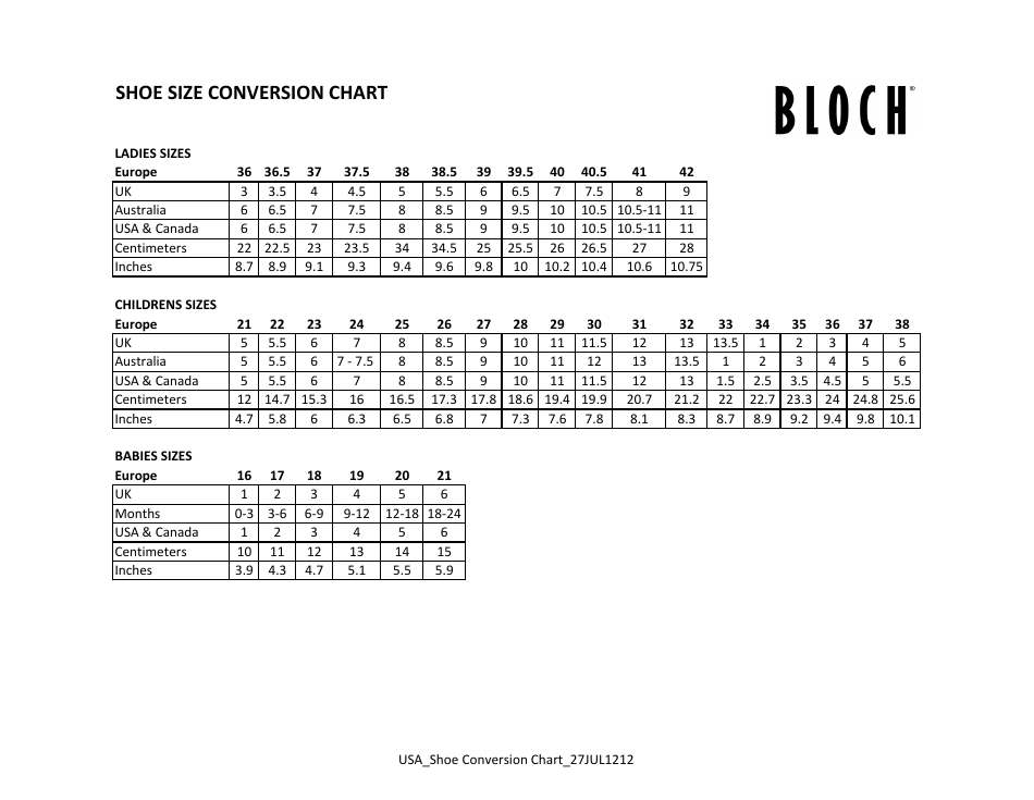 Shoe Size Conversion Chart Bloch Download Printable PDF Templateroller