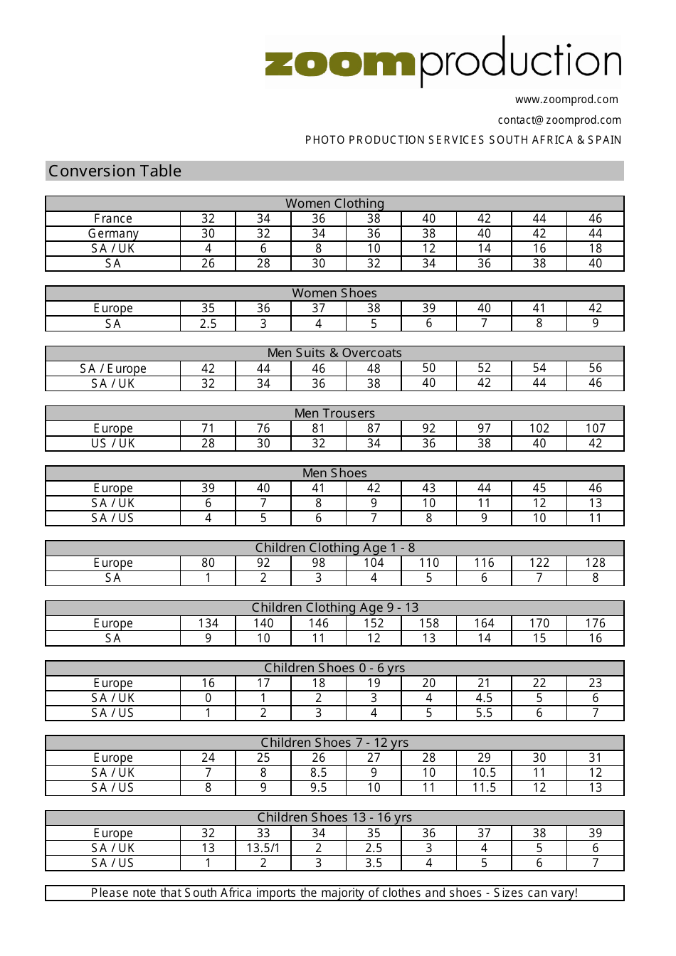 Size Conversion Table - Zoom Production, Page 1