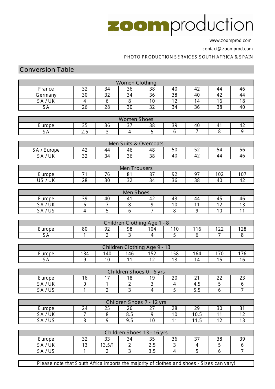 Size Conversion Table Zoom Production Download Printable PDF