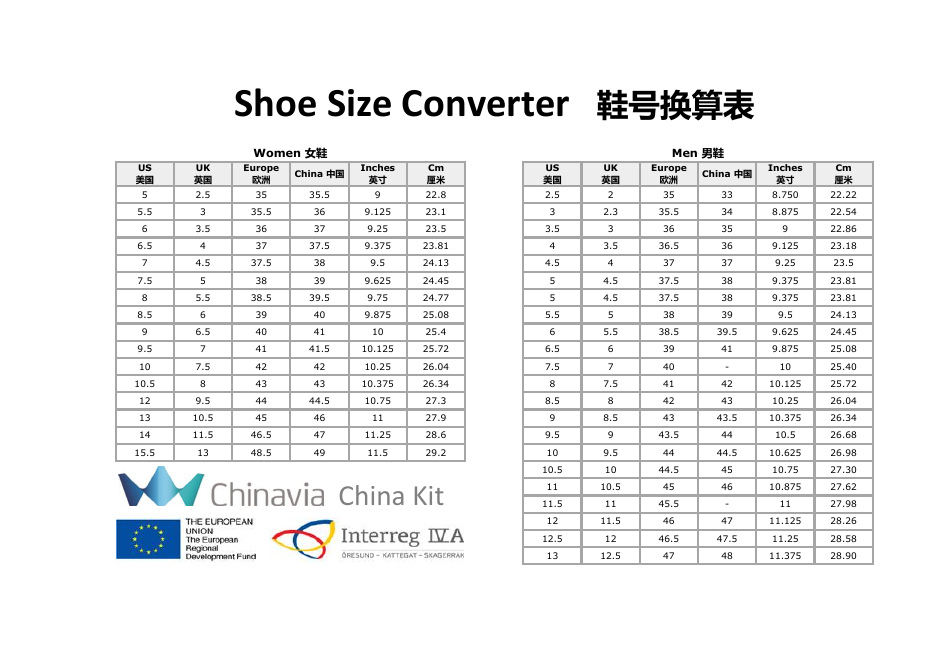 Shoe Size Conversion Chart (English / Chinese), Page 1
