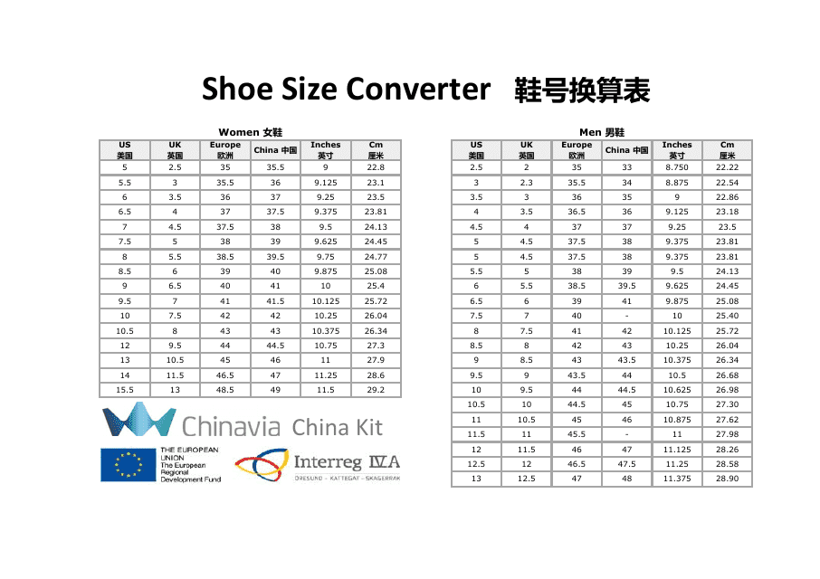 Shoe Size Conversion Chart (English/Chinese)