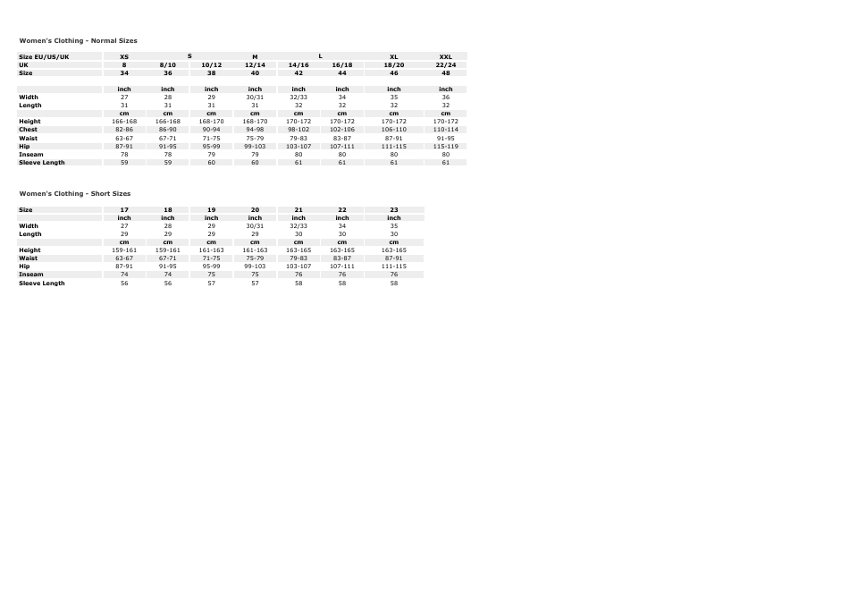 Sportswear Size Charts - Jack Wolfskin, Page 4