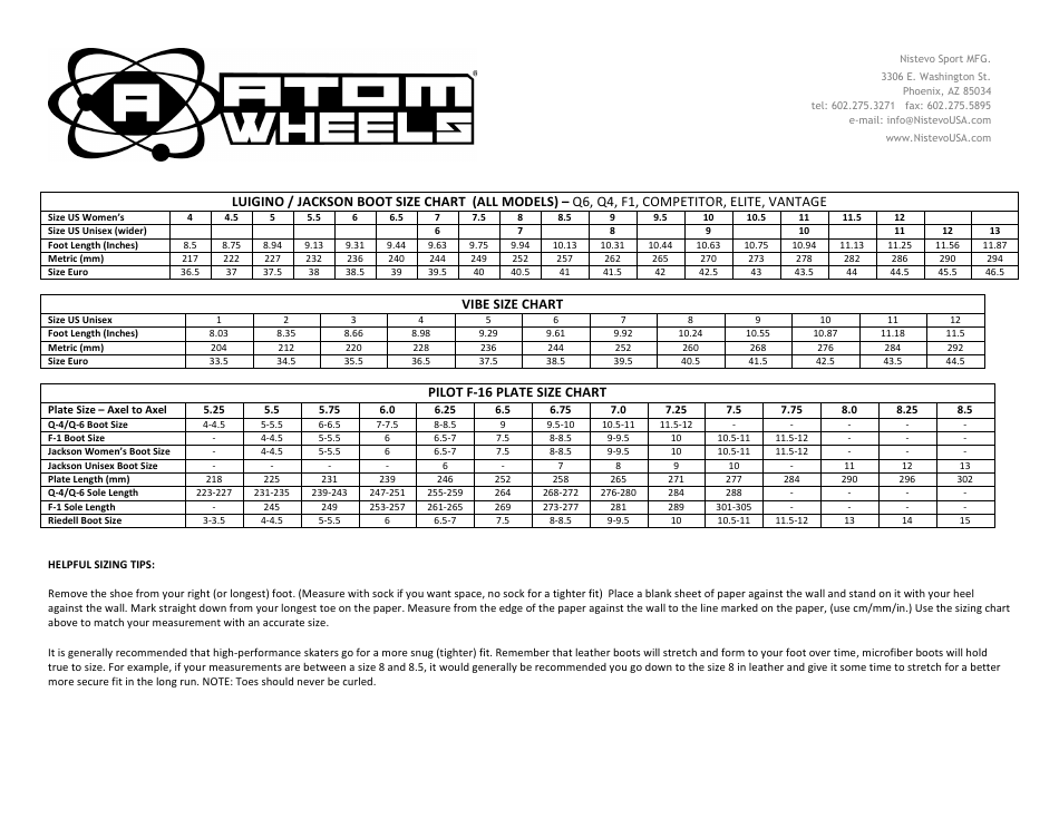 Boot Size Chart Atom Wheels Download Printable PDF Templateroller