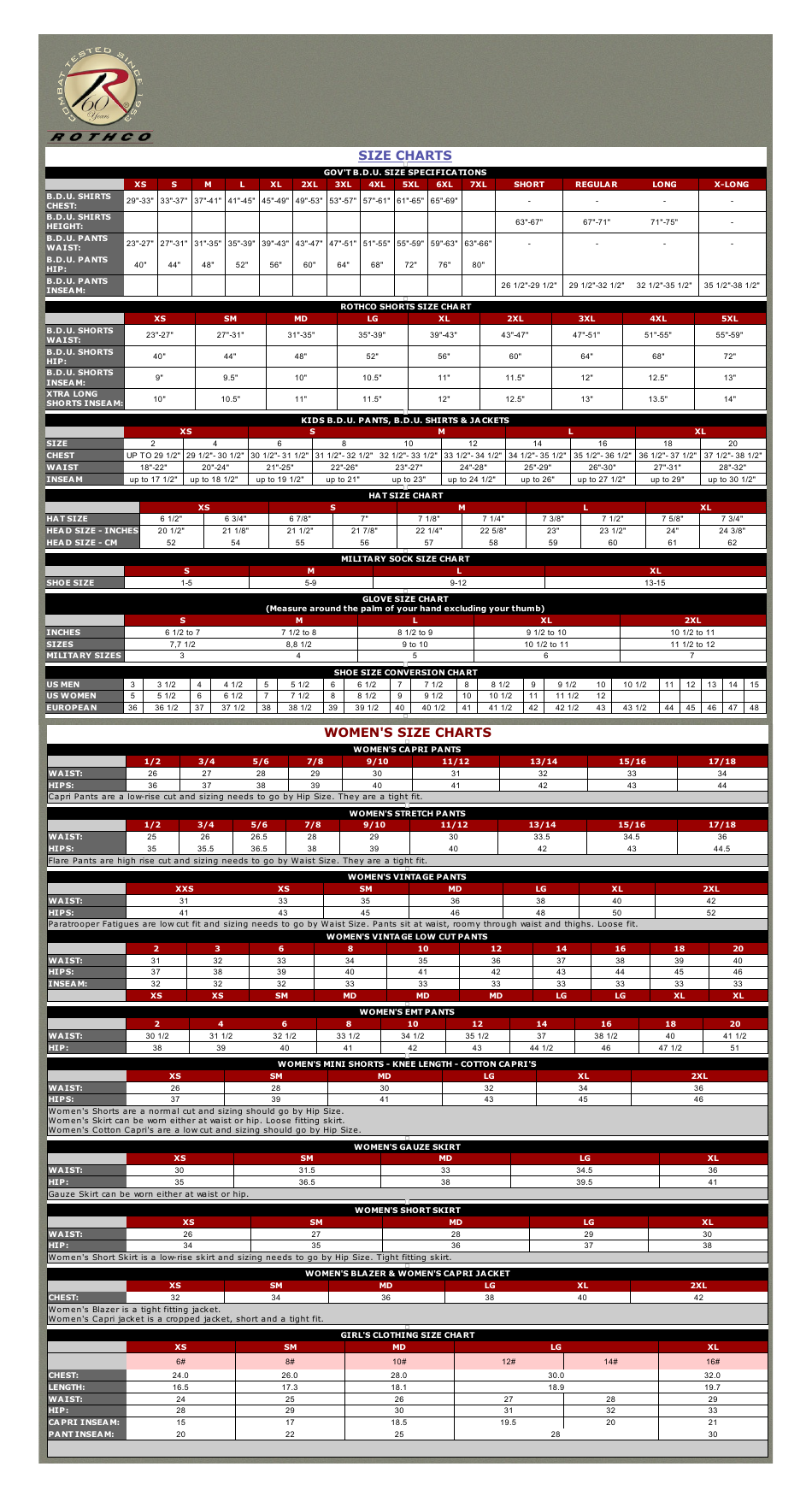 Tactical Gear Size Charts - Rothco, Page 1
