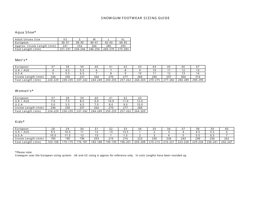 Footwear Size Chart Snowgum Download Printable PDF Templateroller footwear-size-chart-snowgum-download-printable-pdf-templateroller