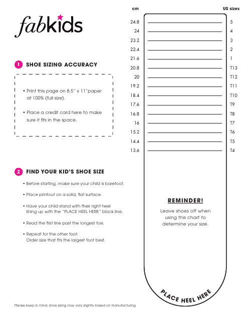Kid's Shoe Sizing Chart (US Sizes) Download Printable PDF | Templateroller