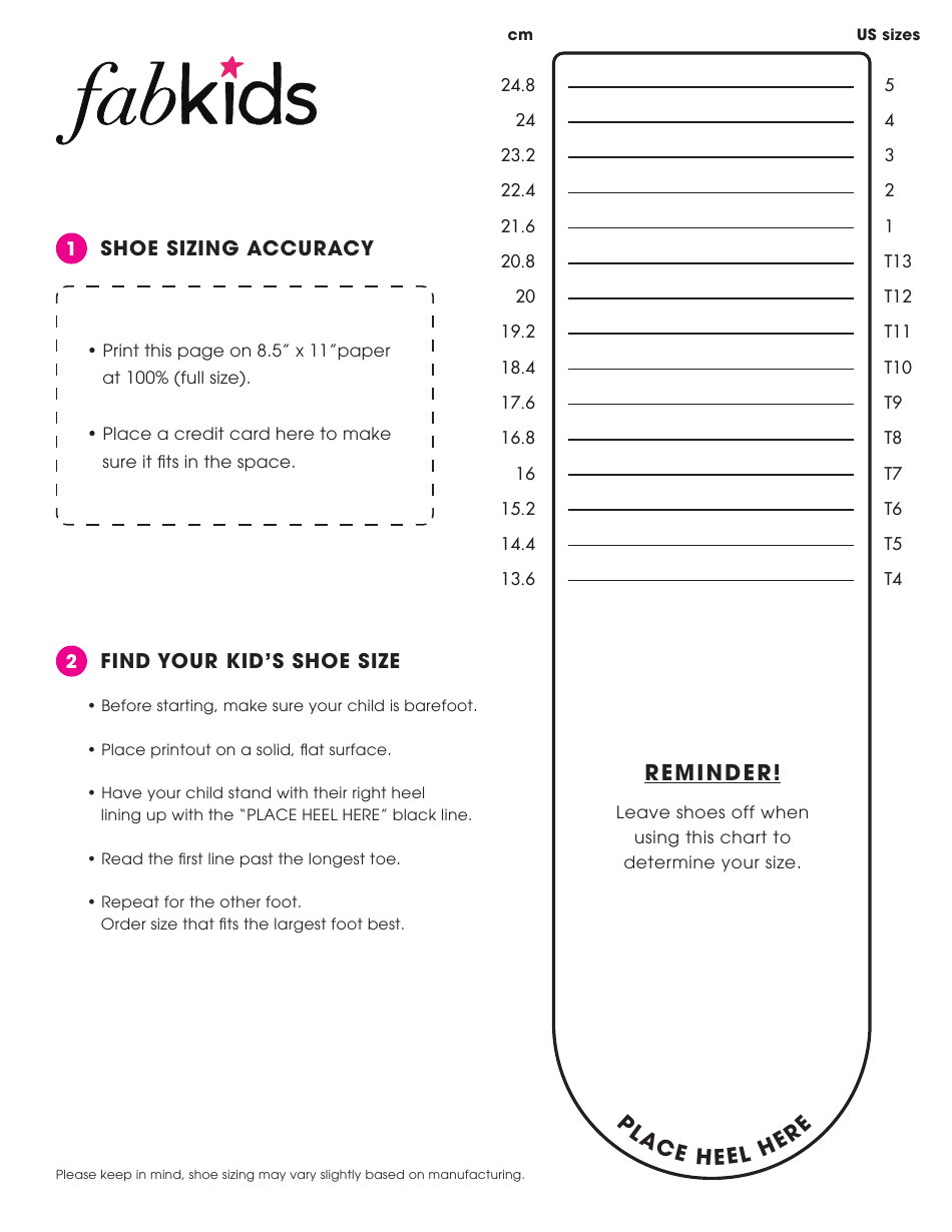 Kids Shoe Sizing Chart (US Sizes), Page 1