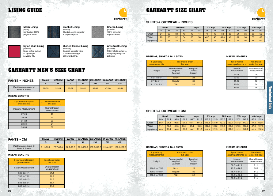 Men's and Women's Size Chart - Carhartt Download Pdf