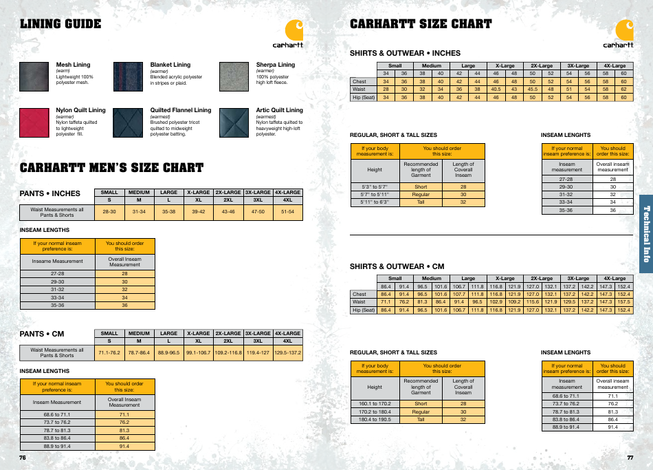Mens and Womens Size Chart - Carhartt, Page 1