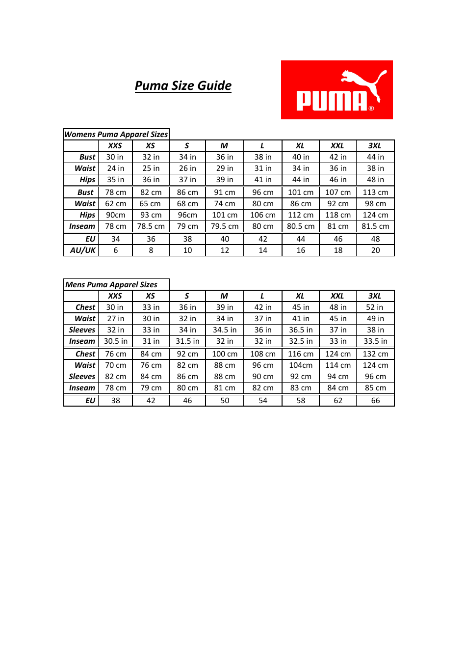 Apparel Size Guide - Puma Download Printable PDF | Templateroller