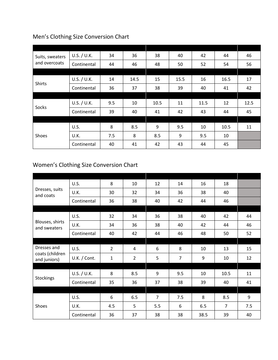 Mens and Womens Clothing Size Conversion Chart, Page 1