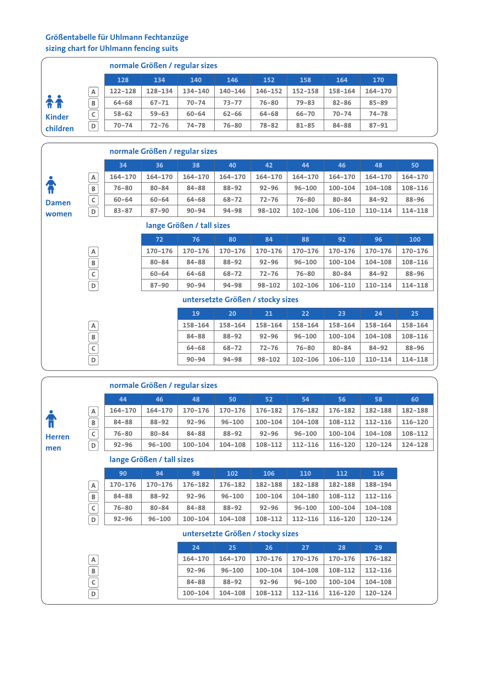 Fencing Equipment Sizing Charts - Uhlmann Fencing (English / German), Page 2