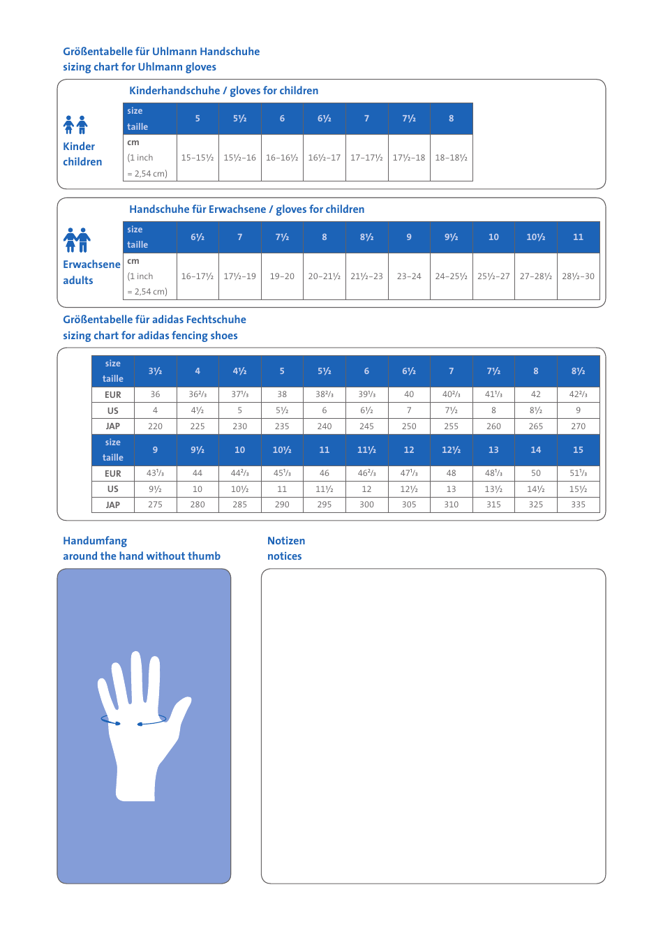 Fencing Equipment Sizing Charts - Uhlmann Fencing (English / German), Page 4