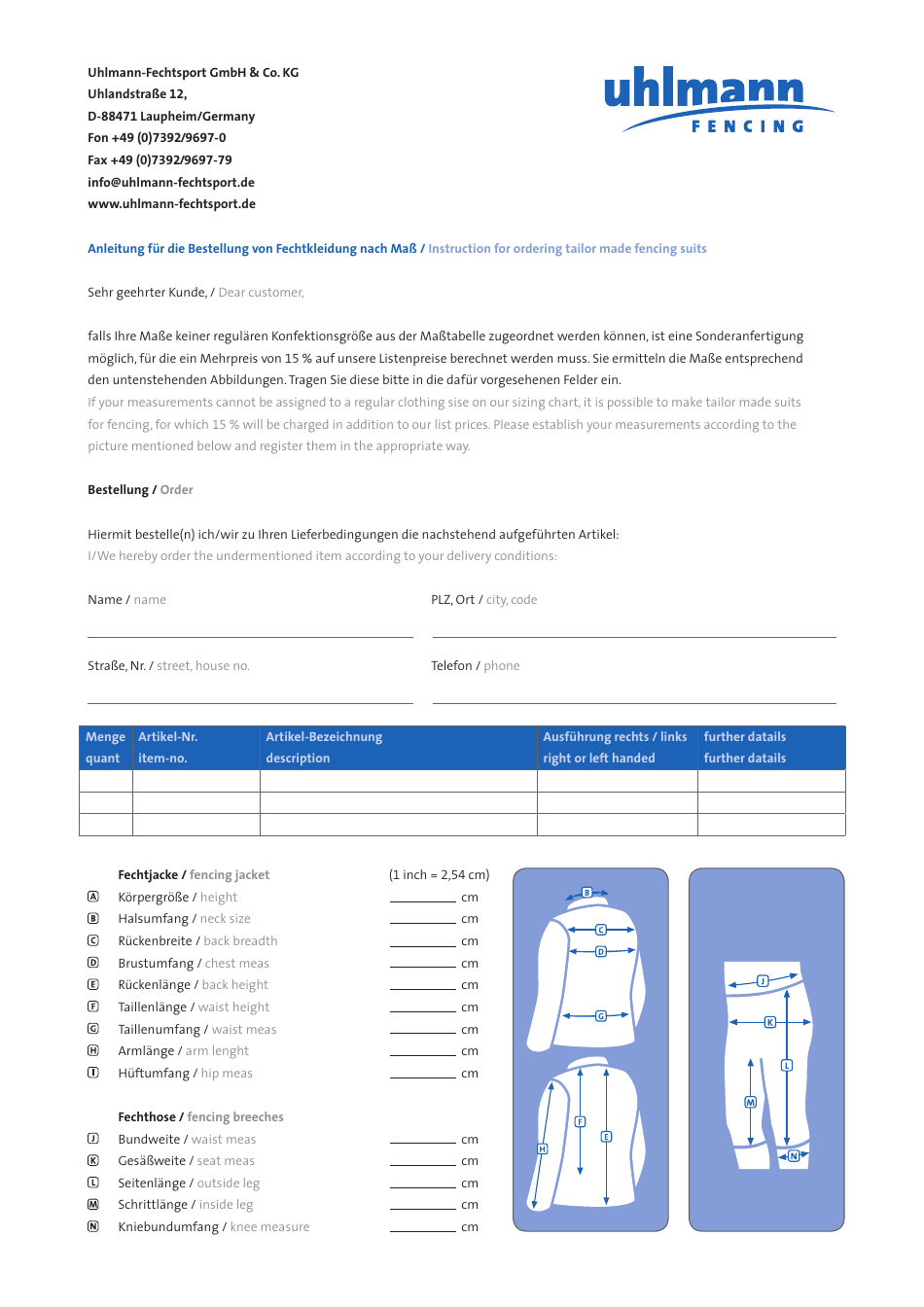 Fencing Equipment Sizing Charts - Uhlmann Fencing (English / German), Page 5