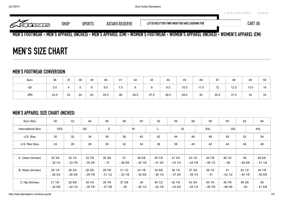 Alpine Footwear and Apparel Ski Size Chart, Page 1