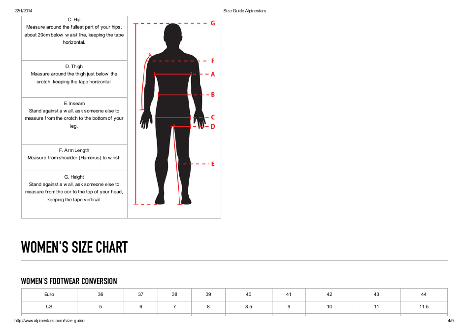 Alpine Footwear and Apparel Ski Size Chart Download Printable PDF