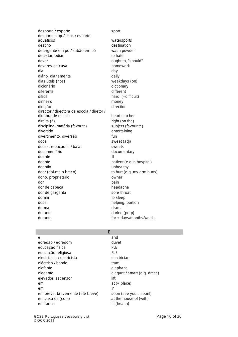 Gcse Portuguese Vocabulary List, Page 10