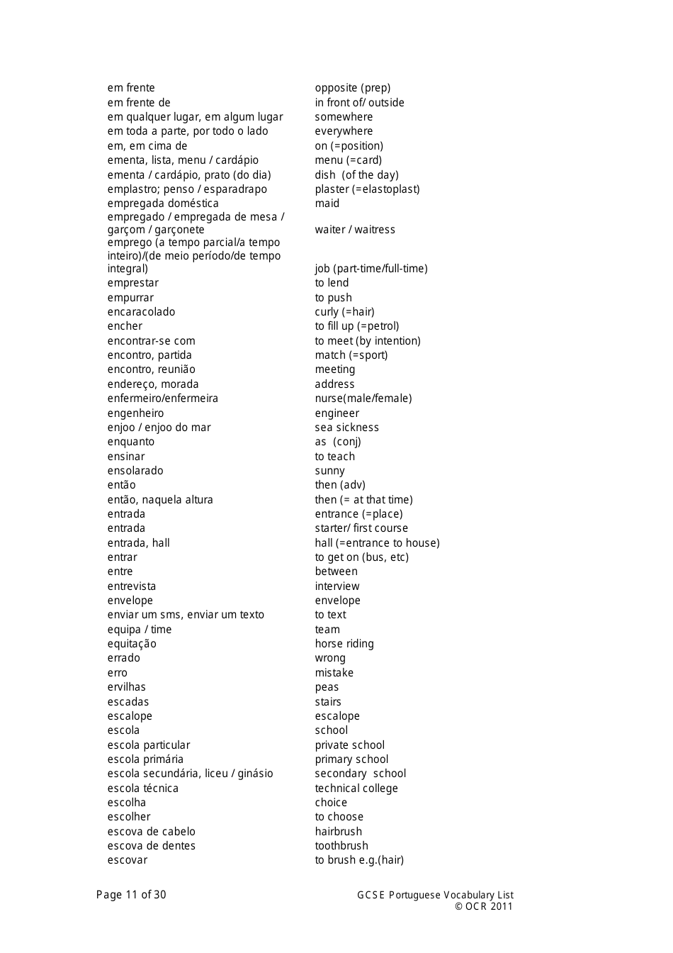 Gcse Portuguese Vocabulary List, Page 11