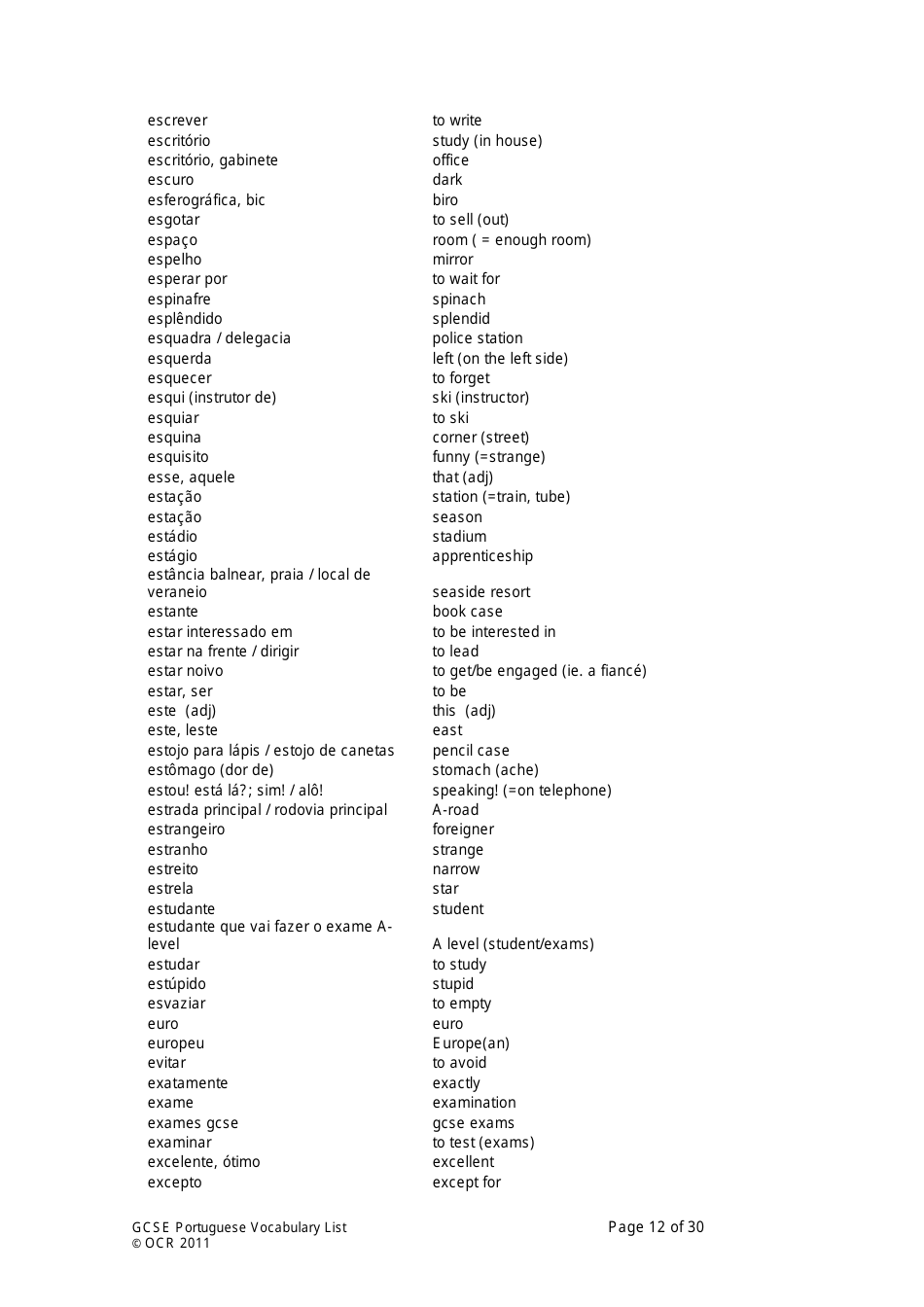 Gcse Portuguese Vocabulary List, Page 12