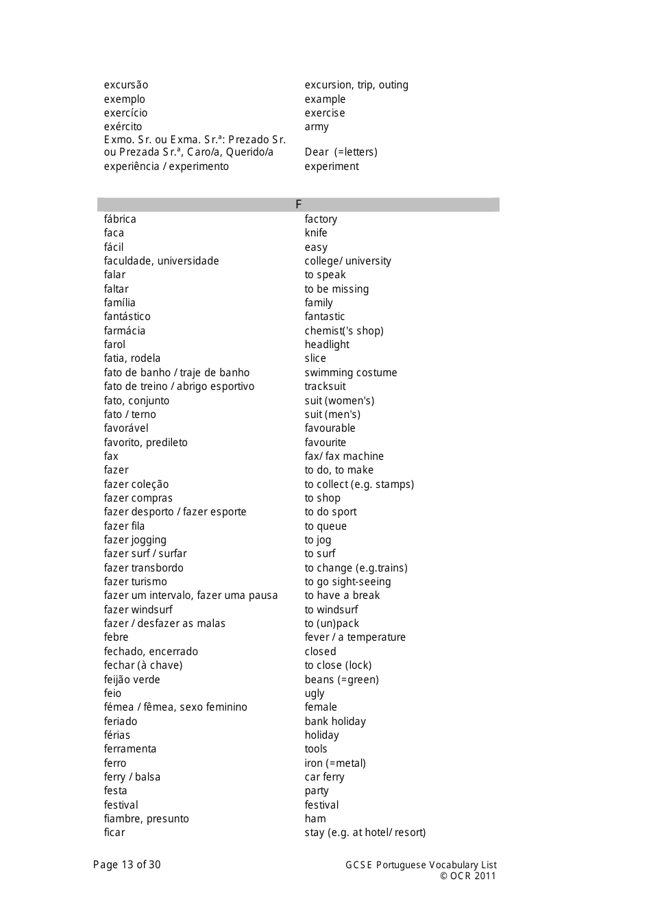 Gcse Portuguese Vocabulary List, Page 13