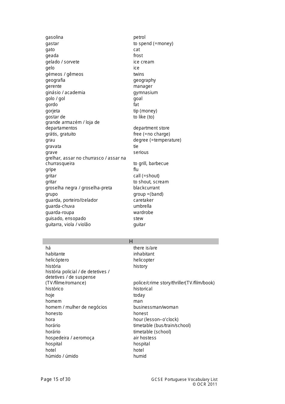 Gcse Portuguese Vocabulary List, Page 15