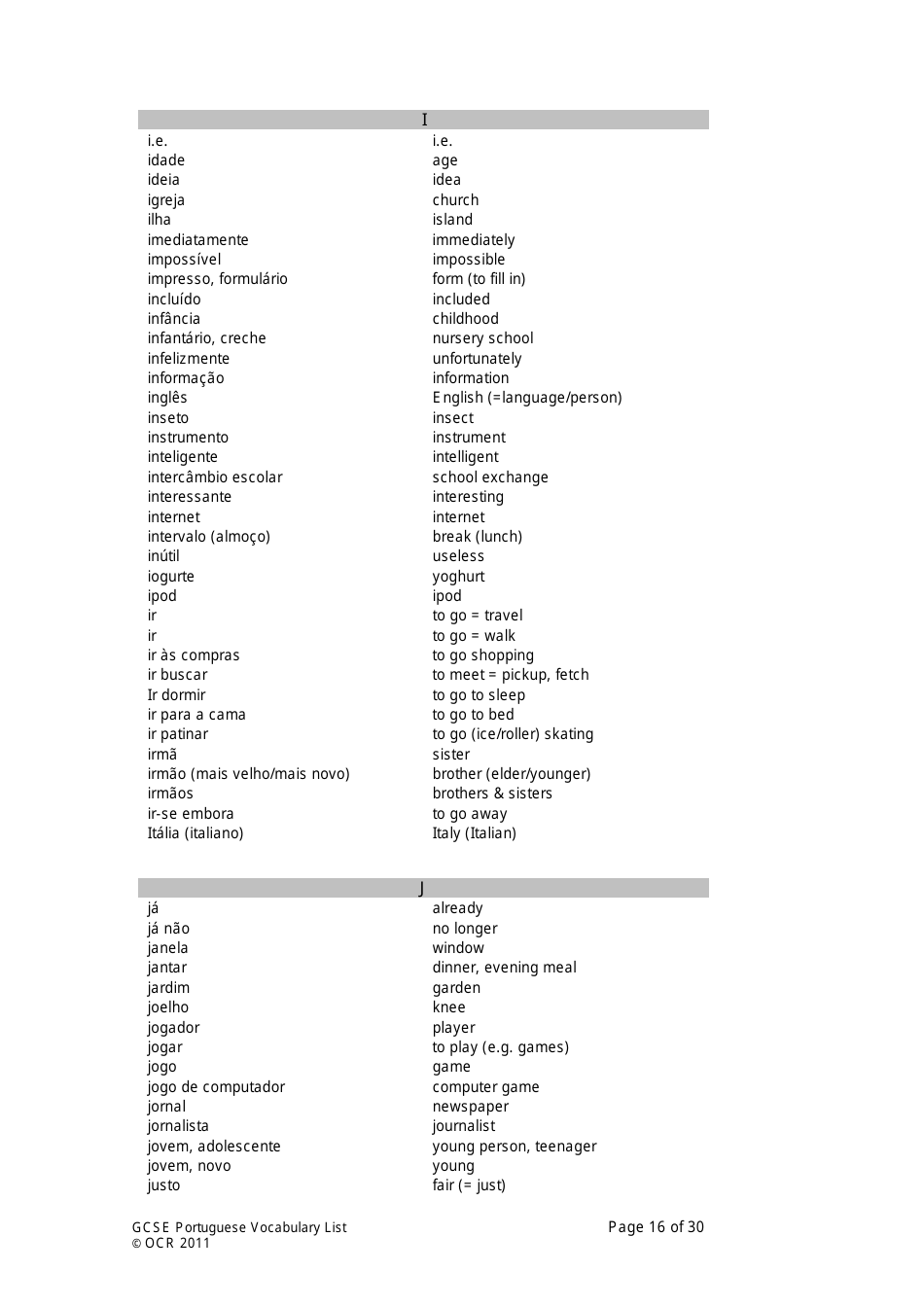 Gcse Portuguese Vocabulary List, Page 16