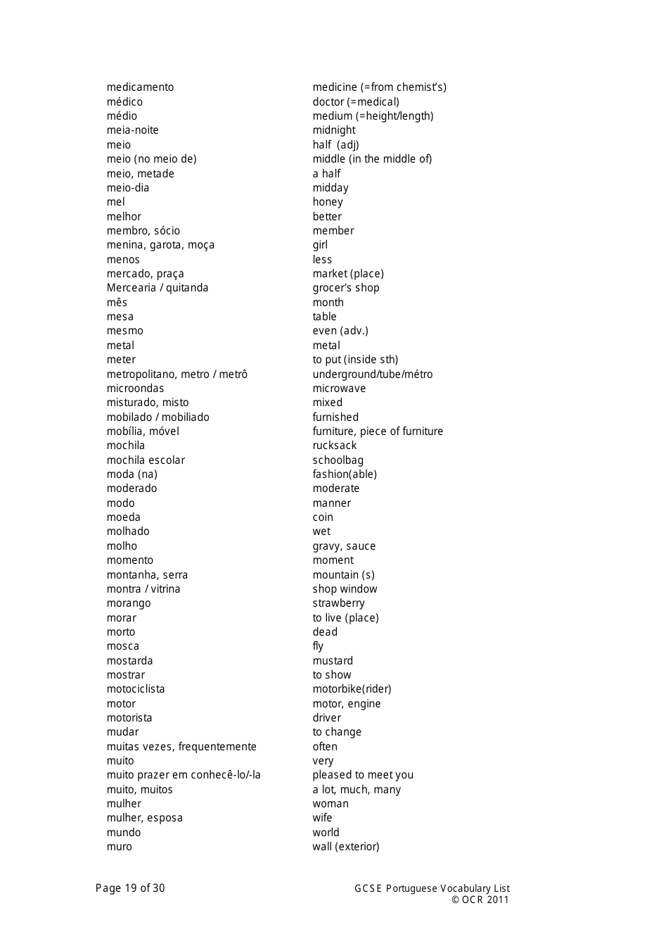 Gcse Portuguese Vocabulary List, Page 19