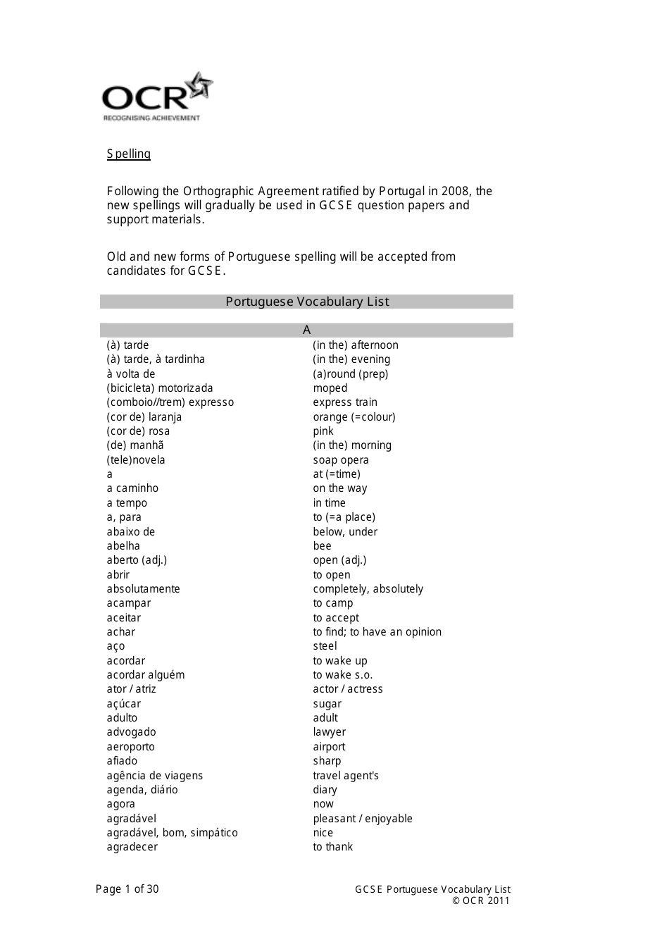 Gcse Portuguese Vocabulary List, Page 1