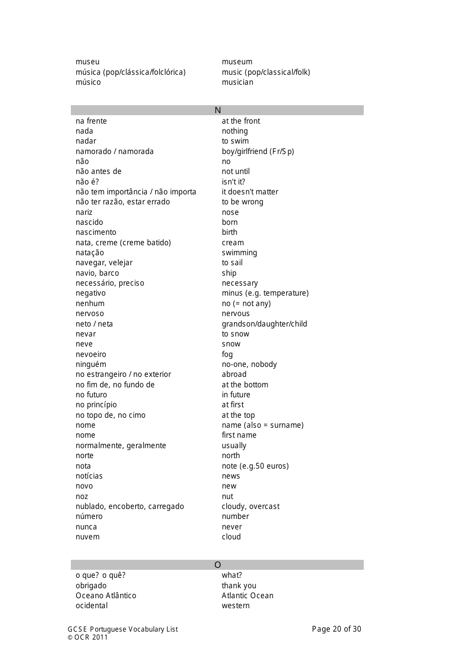 Gcse Portuguese Vocabulary List, Page 20