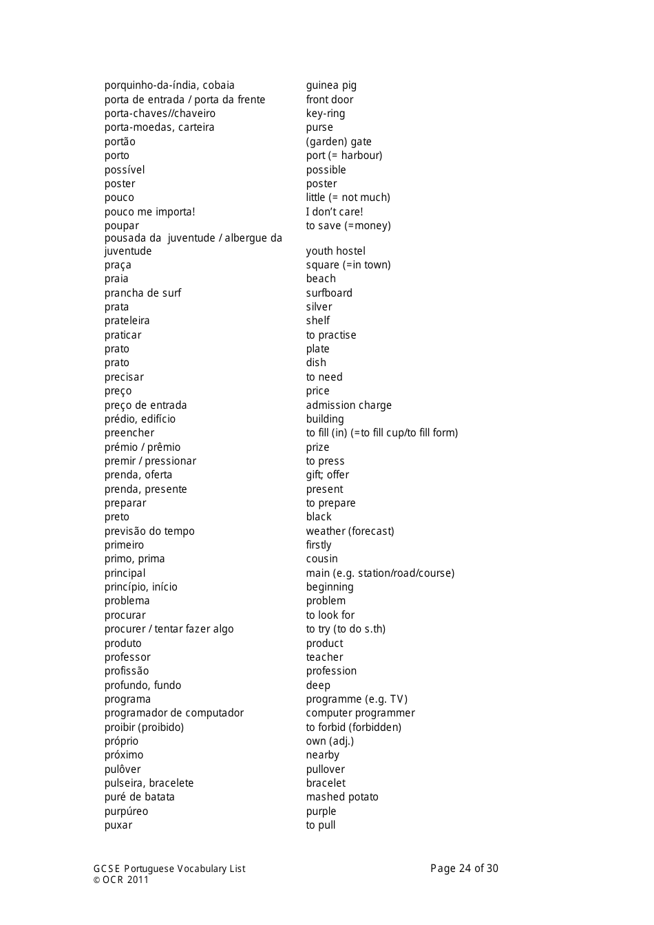Gcse Portuguese Vocabulary List, Page 24