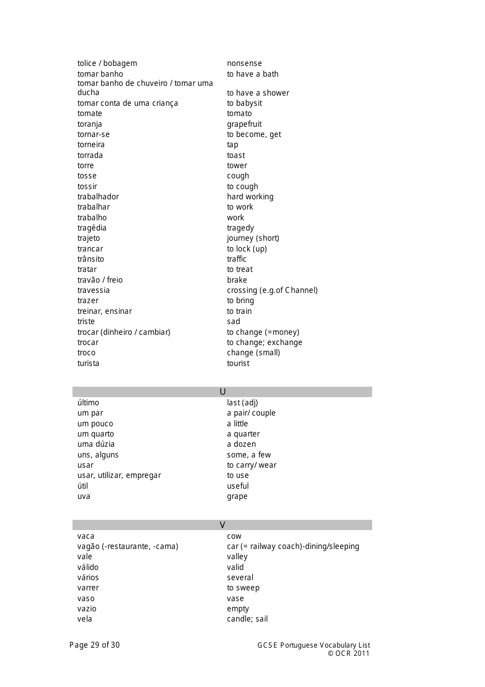 Gcse Portuguese Vocabulary List, Page 29