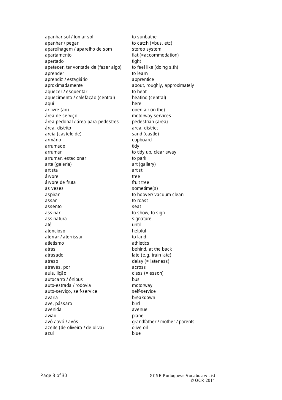 Gcse Portuguese Vocabulary List, Page 3