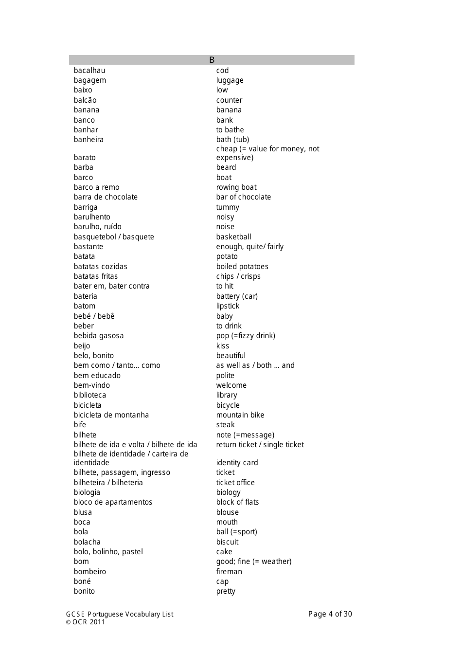 Gcse Portuguese Vocabulary List, Page 4