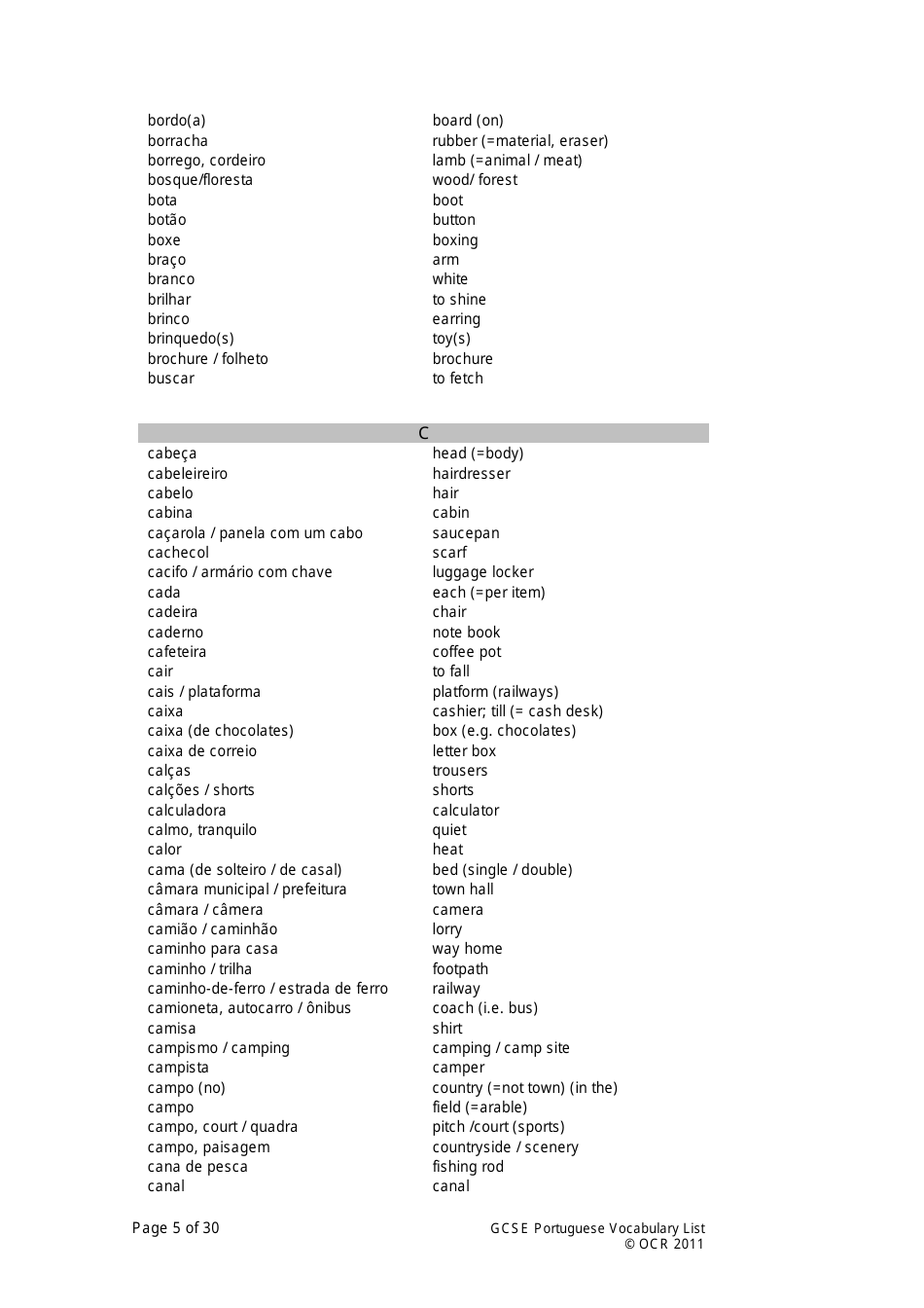 Gcse Portuguese Vocabulary List, Page 5