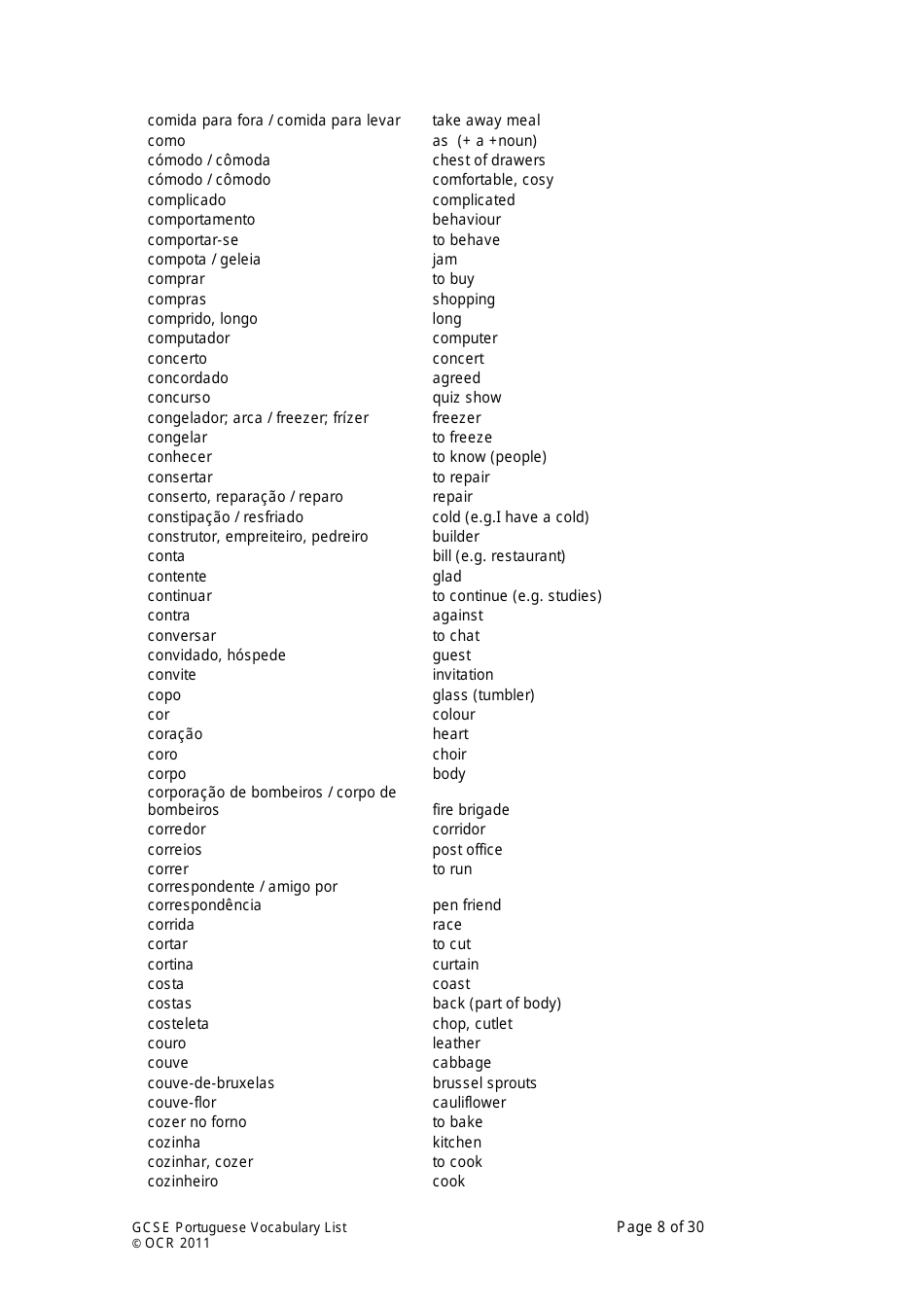 Gcse Portuguese Vocabulary List, Page 8