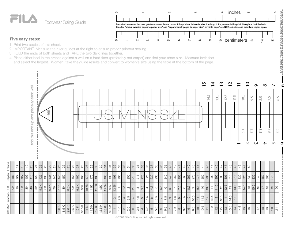 U.S. Mens Footwear Sizing Chart - Fila, Page 1