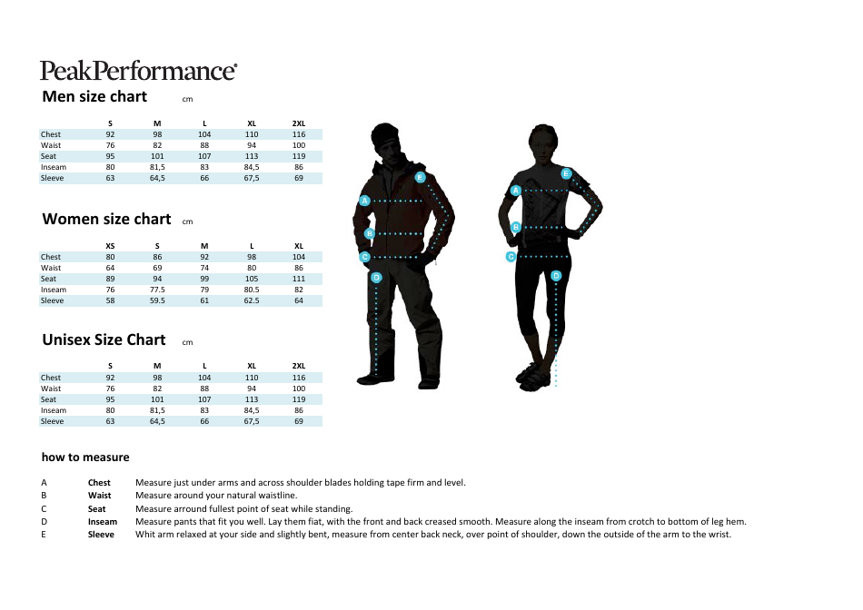 Alpine Ski Apparel Size Chart - Peak Performance, Page 1