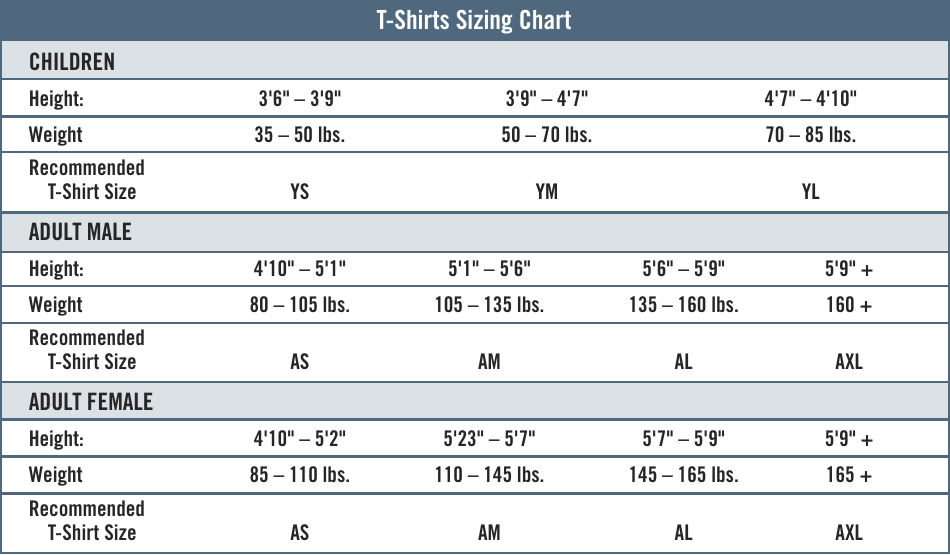 T-Shirts Sizing Chart, Page 1