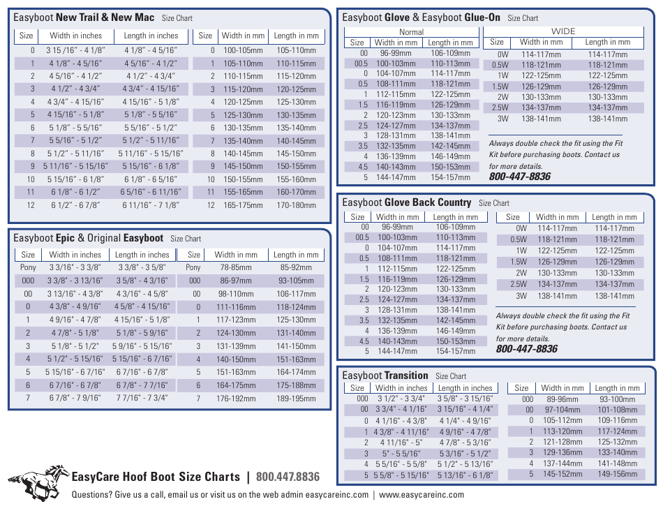 Hoof Boot Size Charts - Easycare, Page 1