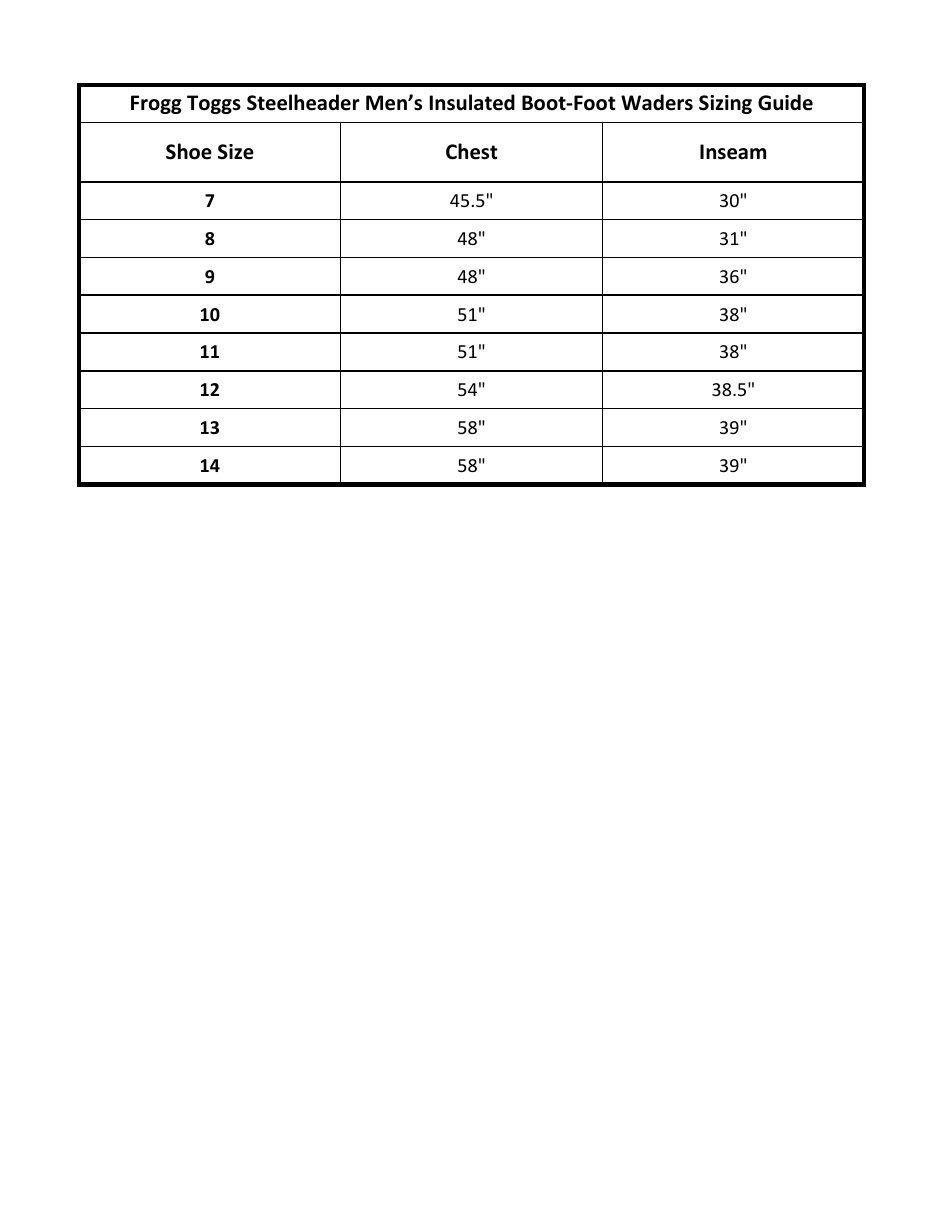 Mens Insulated Boot-Foot Waders Sizing Chart - Frogg Toggs Steelheader, Page 1
