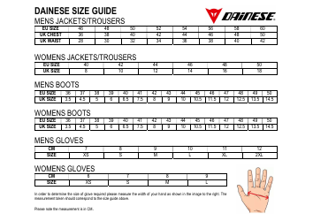 Document preview: Motorcycle Clothing Size Guide - Dainese